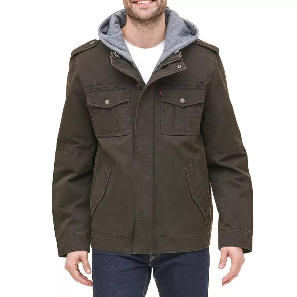 Men's Levi's MED Washed Cotton Sherpa-Lined Hooded‎ Trucker Jacket Brown Medium